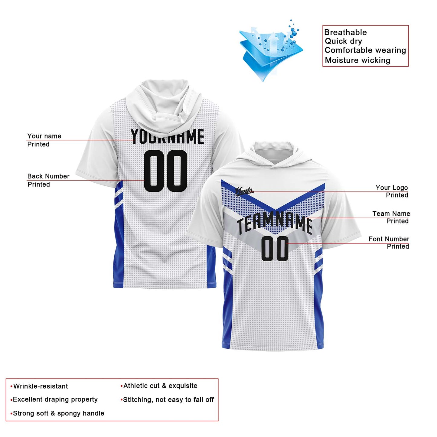 Benutzerdefinierte Weiß Blau Kurzarm-Kapuzenpullover für Männer Frauen Hemden mit Kapuzen gedruckt Name Logo