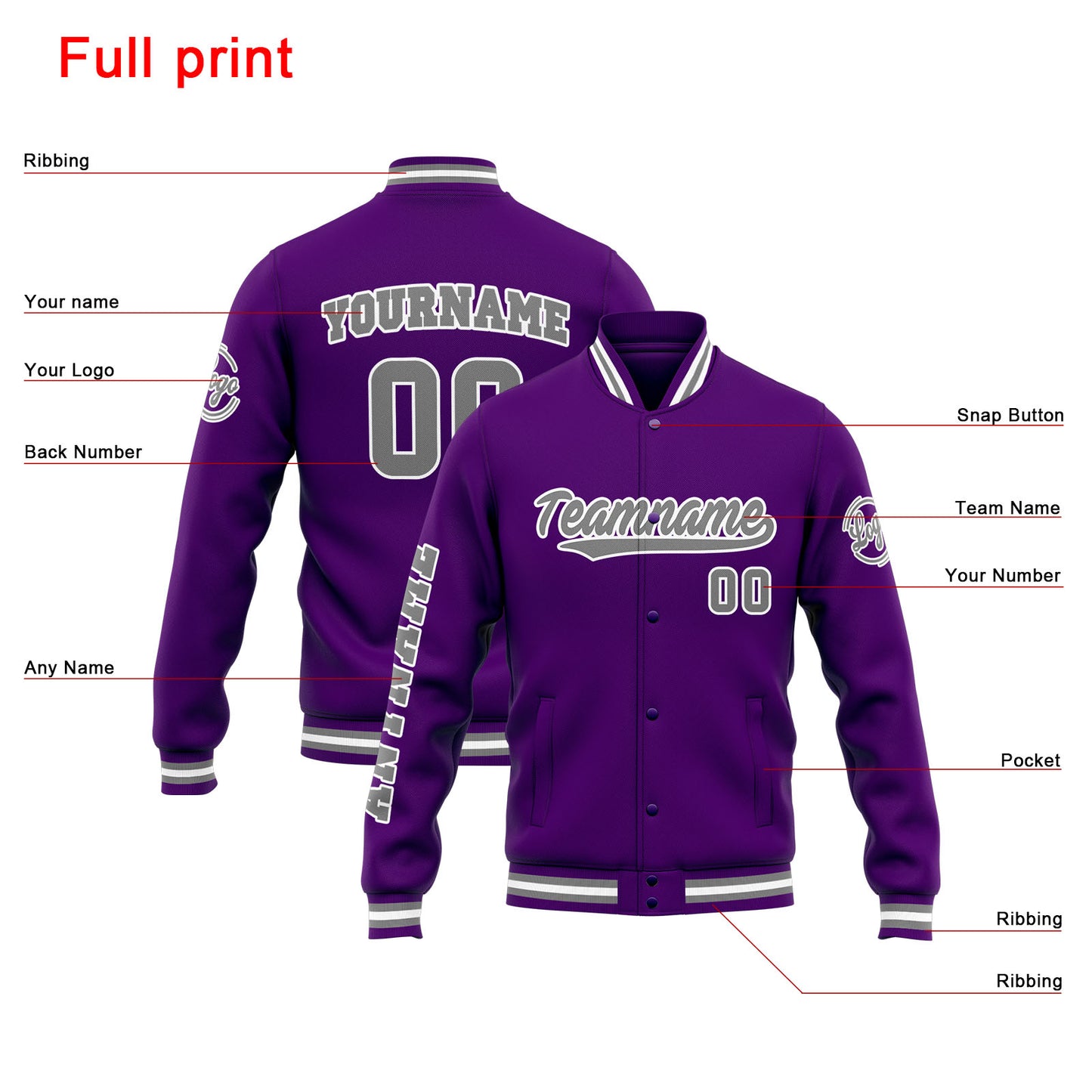 Benutzerdefinierte Varsity-Jacke. Letterman-Jacke für Männer, Frauen und Jugendliche Lila Grau