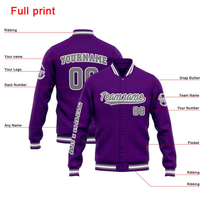 Benutzerdefinierte Varsity-Jacke. Letterman-Jacke für Männer, Frauen und Jugendliche Lila Grau