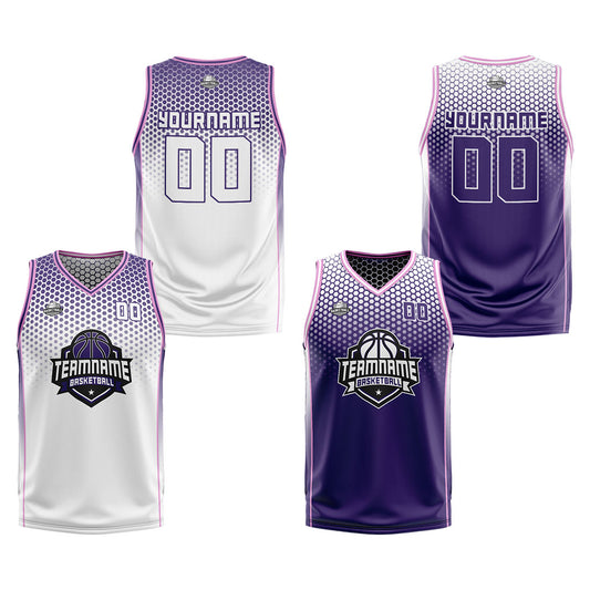 Benutzerdefinierte Weiß Lila Rosa Reversible Basketball Jersey Personalisierte Print Name Nummer Logo