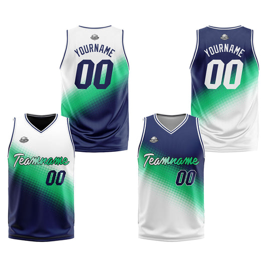 Benutzerdefinierte Reversible Basketball Jersey Personalisierte Print Name Nummer Logo Weiß-Grün- Marine