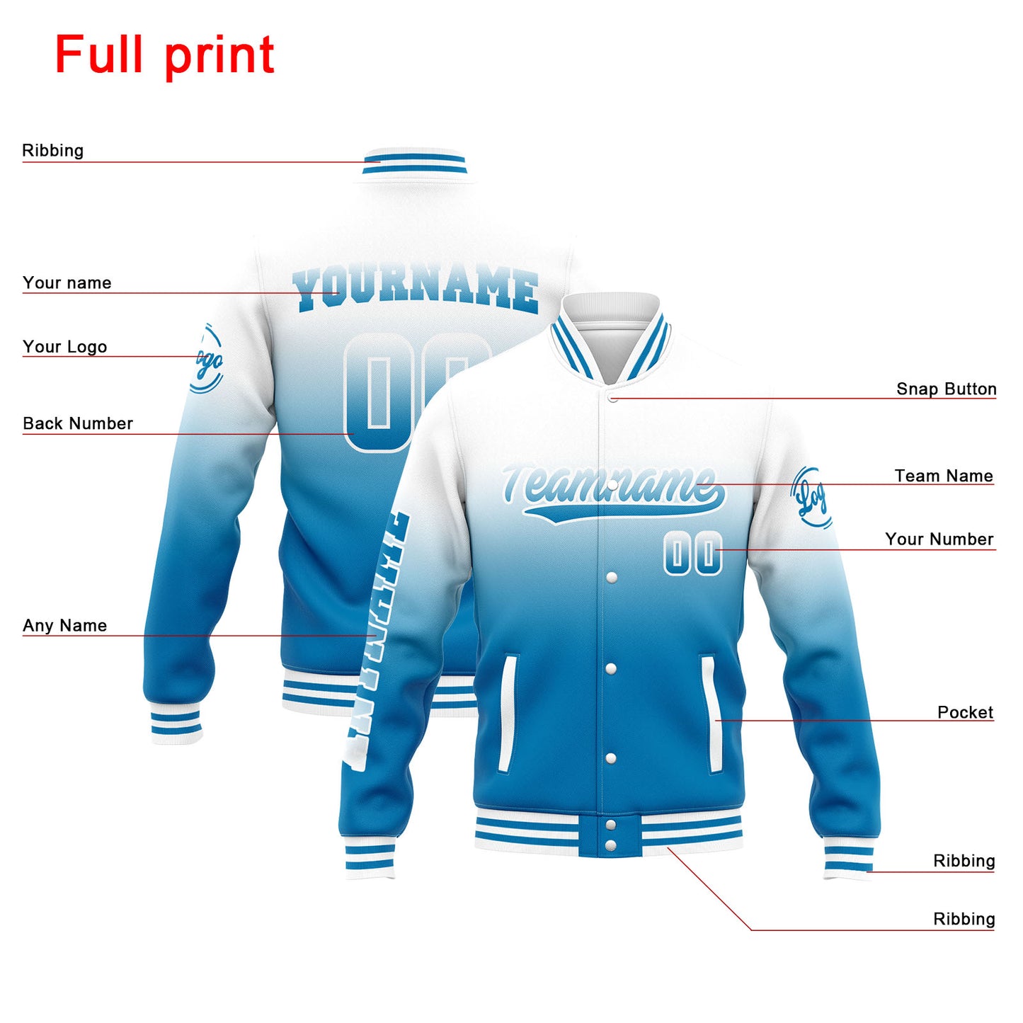 Benutzerdefinierte Varsity-Jacke. Letterman-Jacke für Männer, Frauen und Jugendliche  Weiß Blau Verlauf