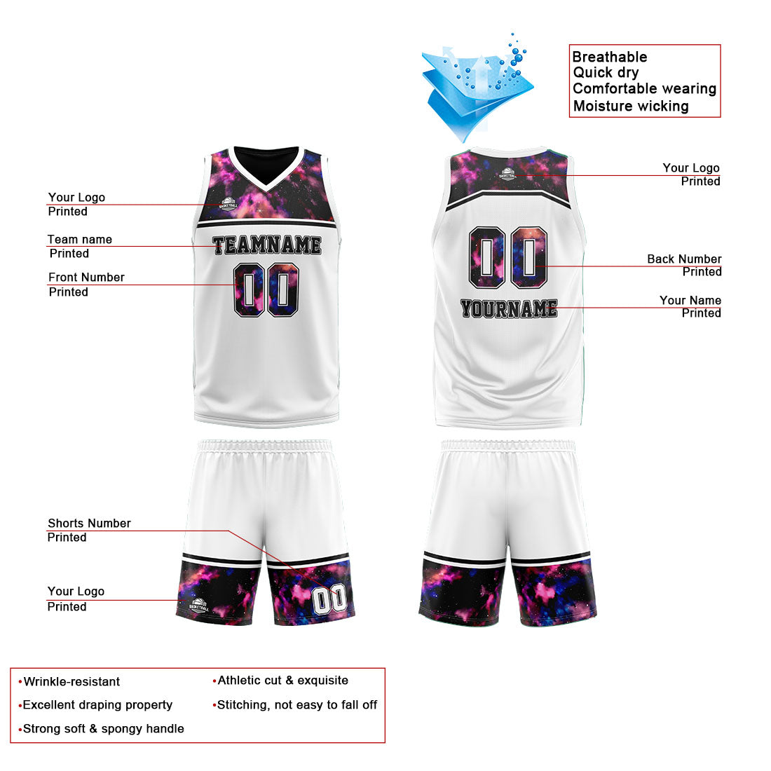 Benutzerdefinierte Reversible Basketball Jersey Personalisierte Print Name Nummer Logo Weiß-Schwarz
