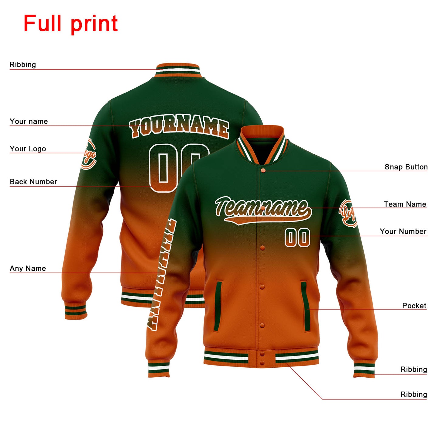 Benutzerdefinierte Varsity-Jacke. Letterman-Jacke für Männer, Frauen und Jugendliche Drak Grün Orange Verlauf