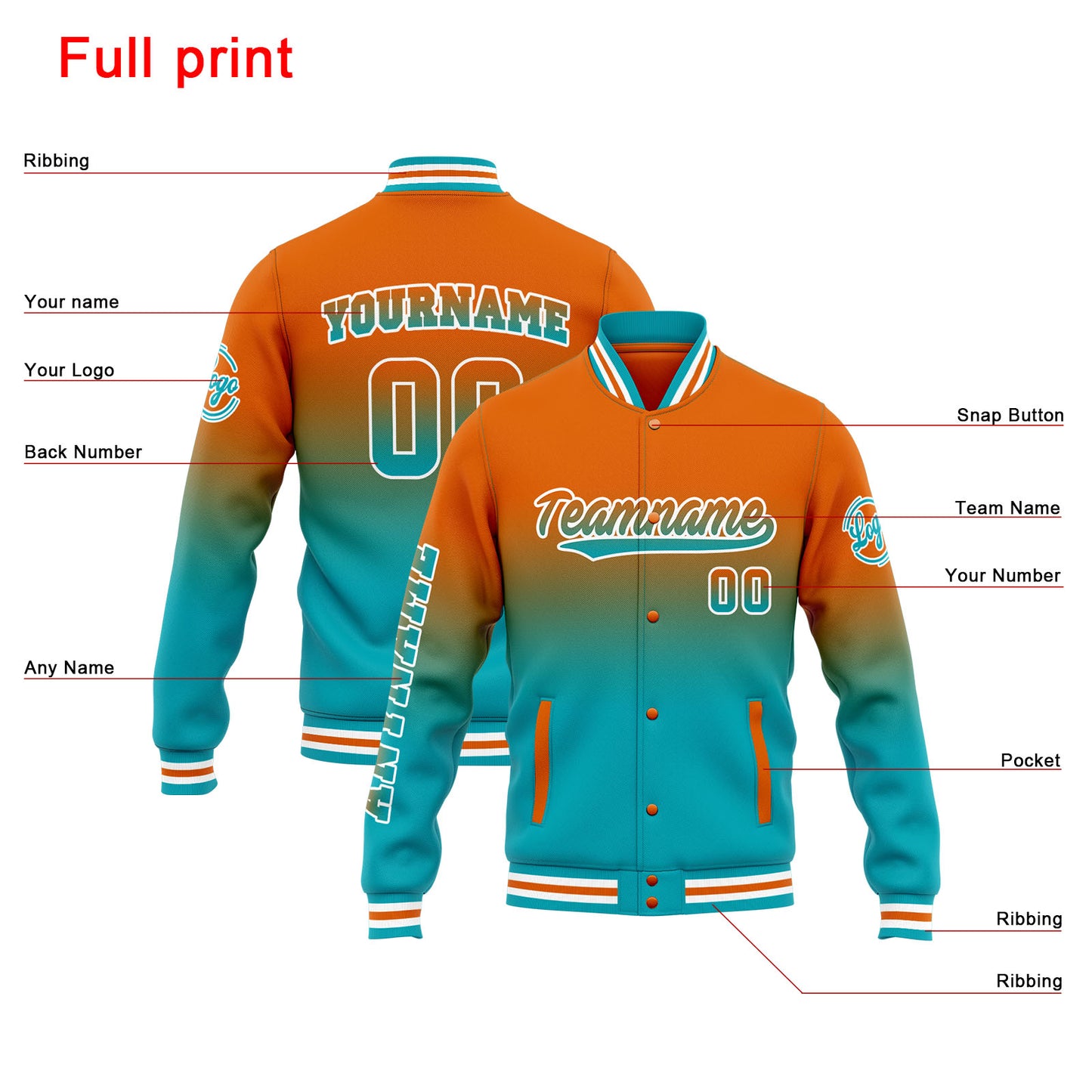 Benutzerdefinierte Varsity-Jacke. Letterman-Jacke für Männer, Frauen und Jugendliche Orange Teal  Verlauf