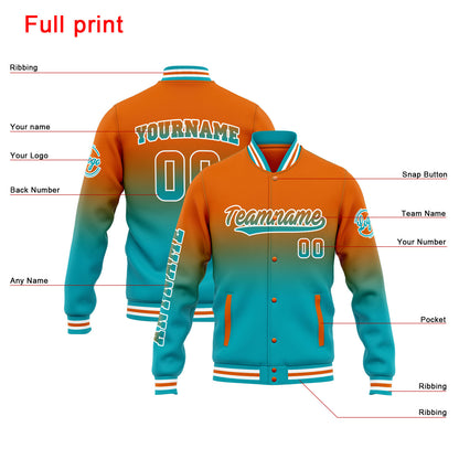 Benutzerdefinierte Varsity-Jacke. Letterman-Jacke für Männer, Frauen und Jugendliche Orange Teal  Verlauf