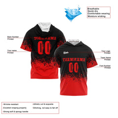Benutzerdefinierte Schwarz Rot Kurzarm-Kapuzenpullover für Männer Frauen Hemden mit Kapuzen gedruckt Name Logo