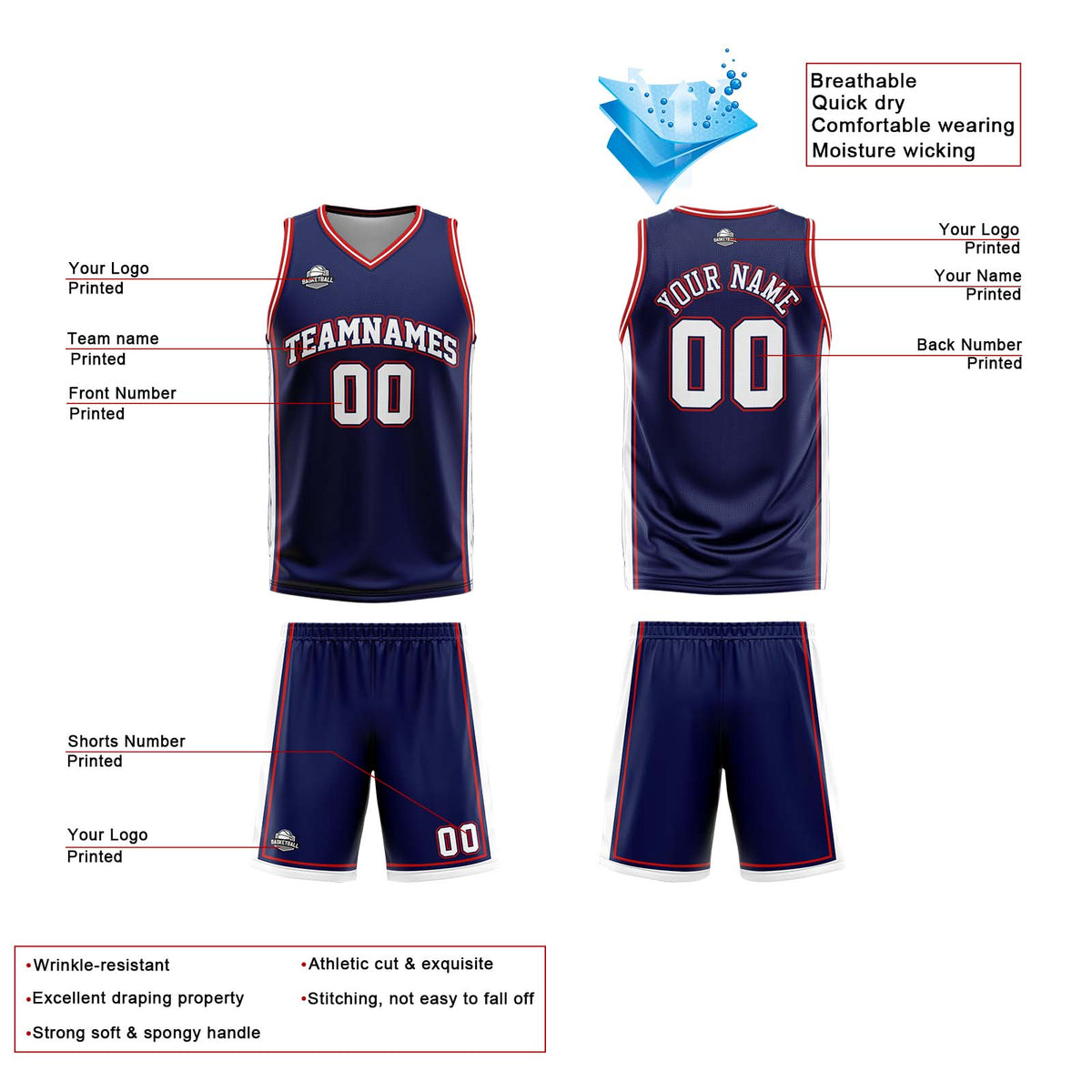 Benutzerdefinierte Marine Weiß Rot Reversible Basketball Jersey Personalisierte Print Name Nummer Logo