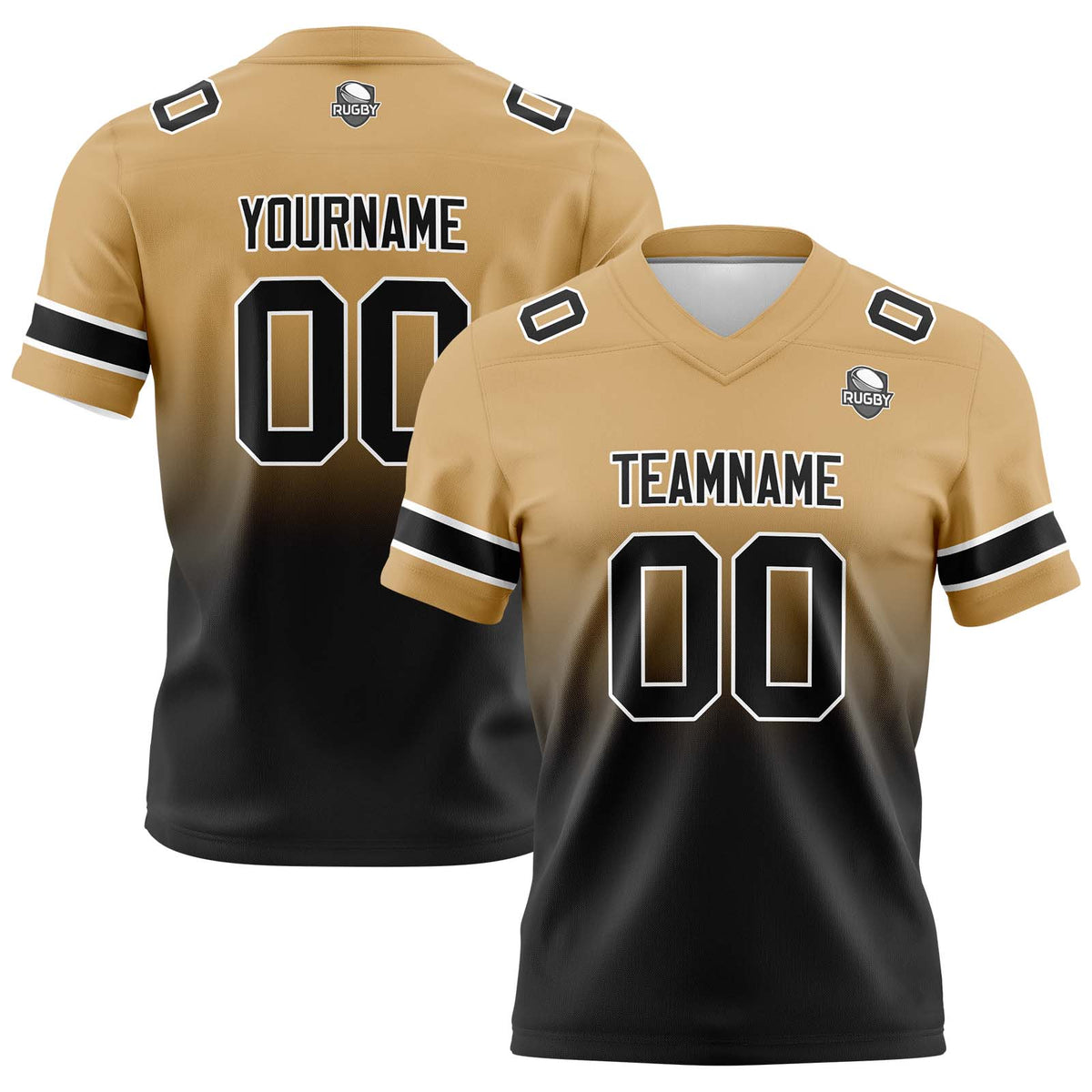 Benutzerdefinierte Gold Schwarz Gradient Fußball Trikots Personalisierter Name Nummer Logo