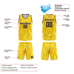 Benutzerdefinierter Basketball Jersey Uniform Anzug gedruckt Ihr Logo Name Nummer Gelbe Flamme