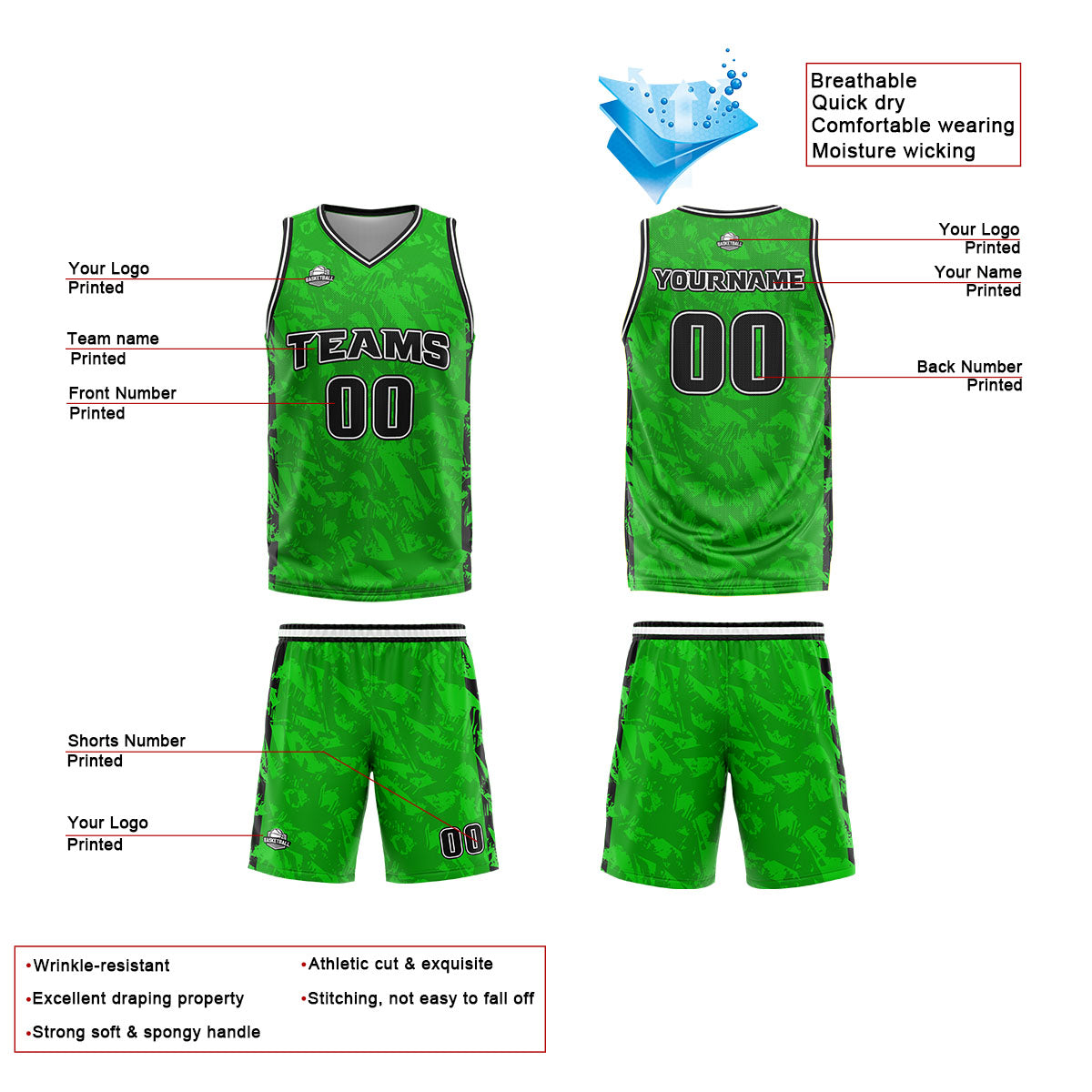 Benutzerdefinierter Grün Schwarz Basketball Jersey Uniform Anzug gedruckt Ihr Logo Name Nummer
