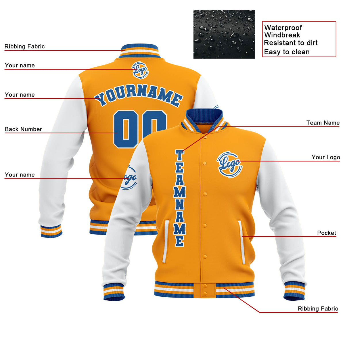 Benutzerdefiniert Gelb Weiß Blau Wasserdichte Varsity Jacken Personalisiert genäht Name Nummer Logo zu Letterman Jacken