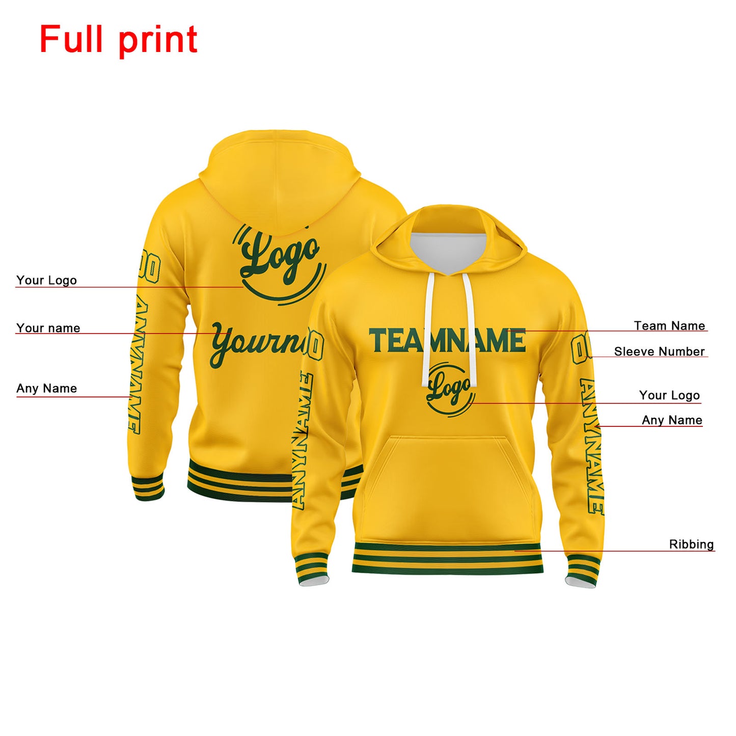 Benutzerdefiniert Grün Gelb Hoodie Personalisiert Männer Pullover Hoodie Gedruckt Team Name Number Logo für Frauen