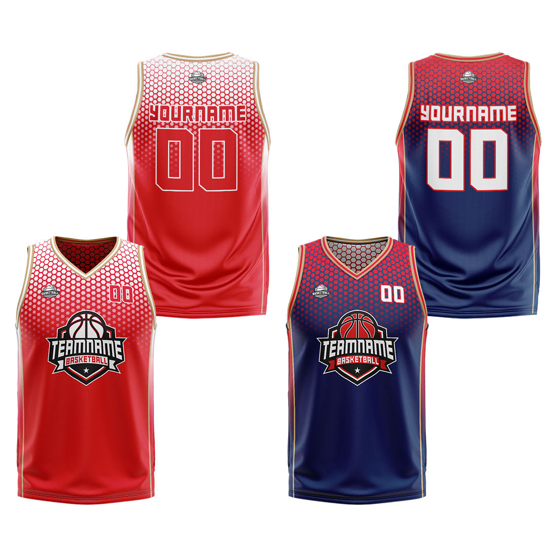 Benutzerdefinierte Rot Blau Gold Reversible Basketball Jersey Personalisierte Print Name Nummer Logo
