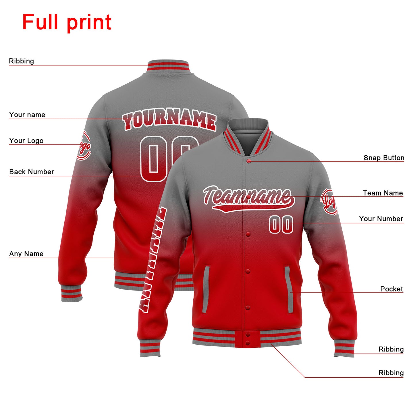 Benutzerdefinierte Varsity-Jacke. Letterman-Jacke für Männer, Frauen und Jugendliche Grau Rot Verlauf