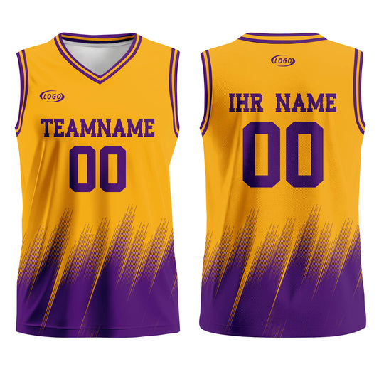 Benutzerdefinierter Gelb Lila Basketball Jersey Uniform Anzug gedruckt Ihr Logo Name Nummer