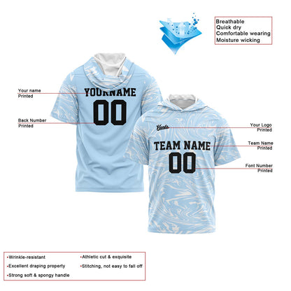 Benutzerdefinierte Hellblau Kurzarm-Kapuzenpullover für Männer Frauen Hemden mit Kapuzen gedruckt Name Logo