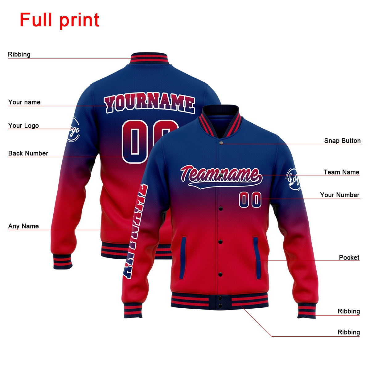 Benutzerdefinierte Verlauf Varsity-Jacke. Letterman-Jacke Marine Rot