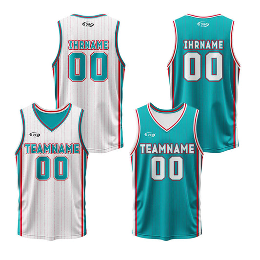Benutzerdefinierte Weiß Cyan Rot Reversible Basketball Jersey Personalisierte Drucken Name Nummer Logo