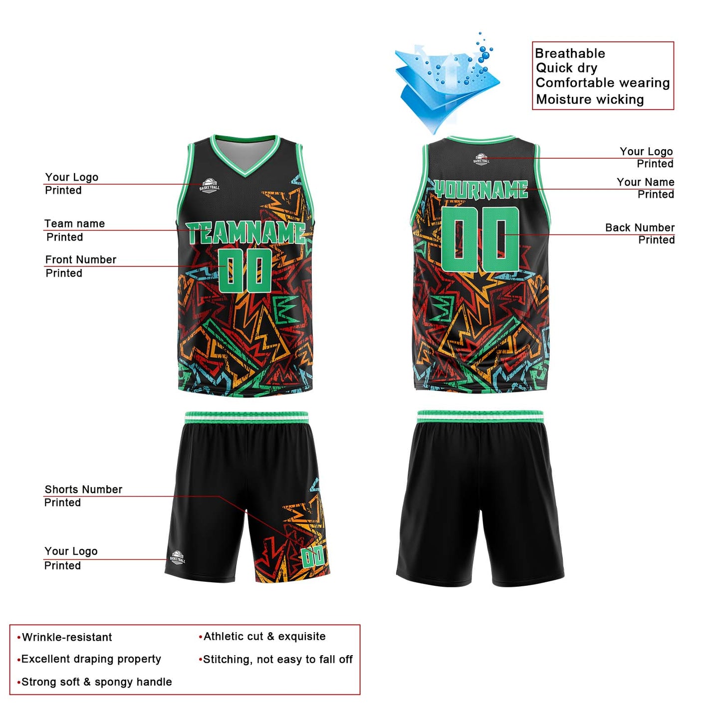 Benutzerdefinierter Grün Basketball Jersey Uniform Anzug gedruckt Ihr Logo Name Nummer