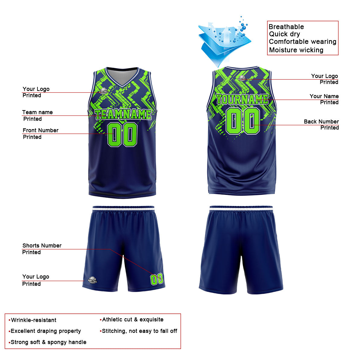 Benutzerdefinierter Marine Neongrün Basketball Jersey Uniform Anzug gedruckt Ihr Logo Name Nummer