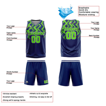 Benutzerdefinierter Marine Neongrün Basketball Jersey Uniform Anzug gedruckt Ihr Logo Name Nummer
