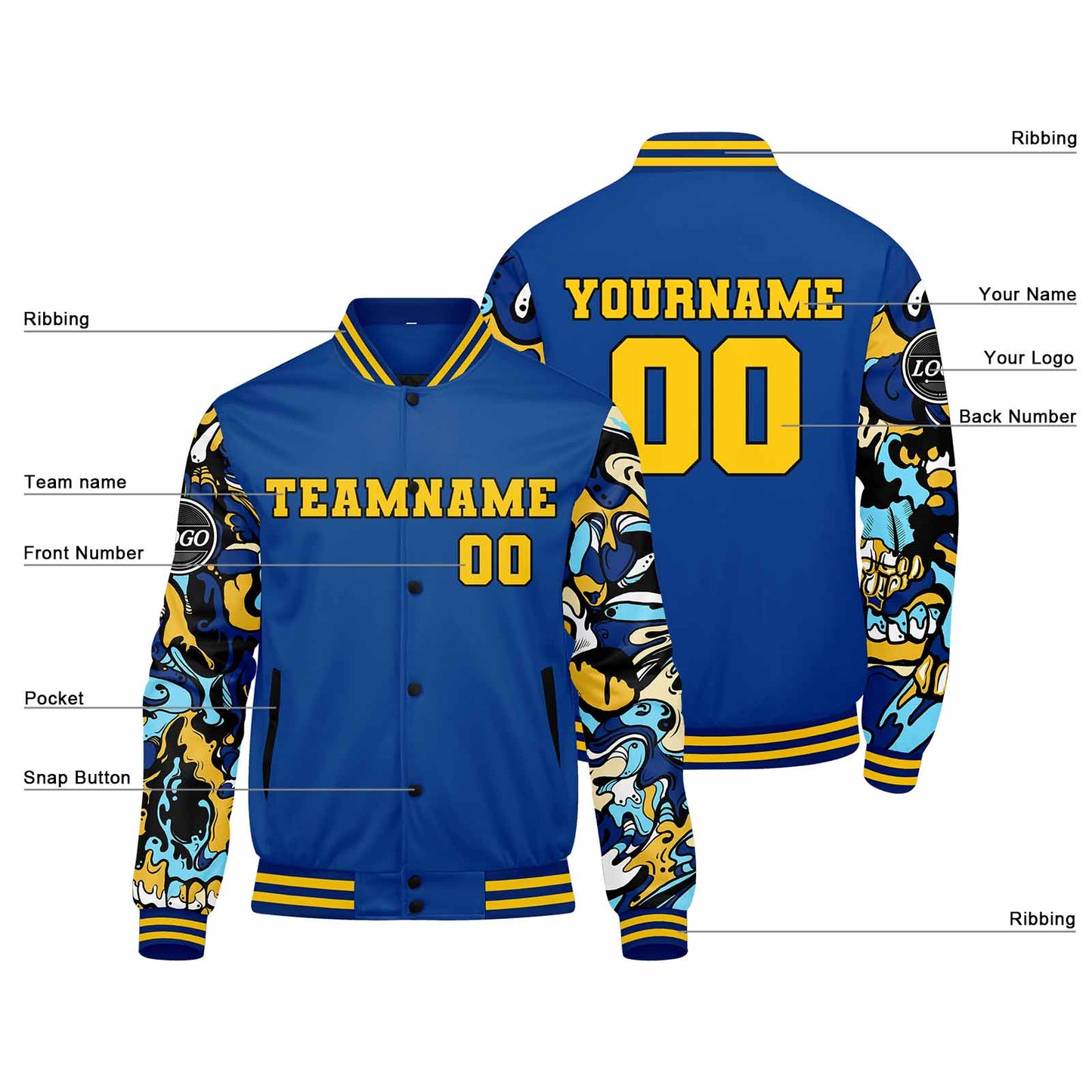 Benutzerdefinierte Verlauf Varsity-Jacke. Letterman-Jacke Royal