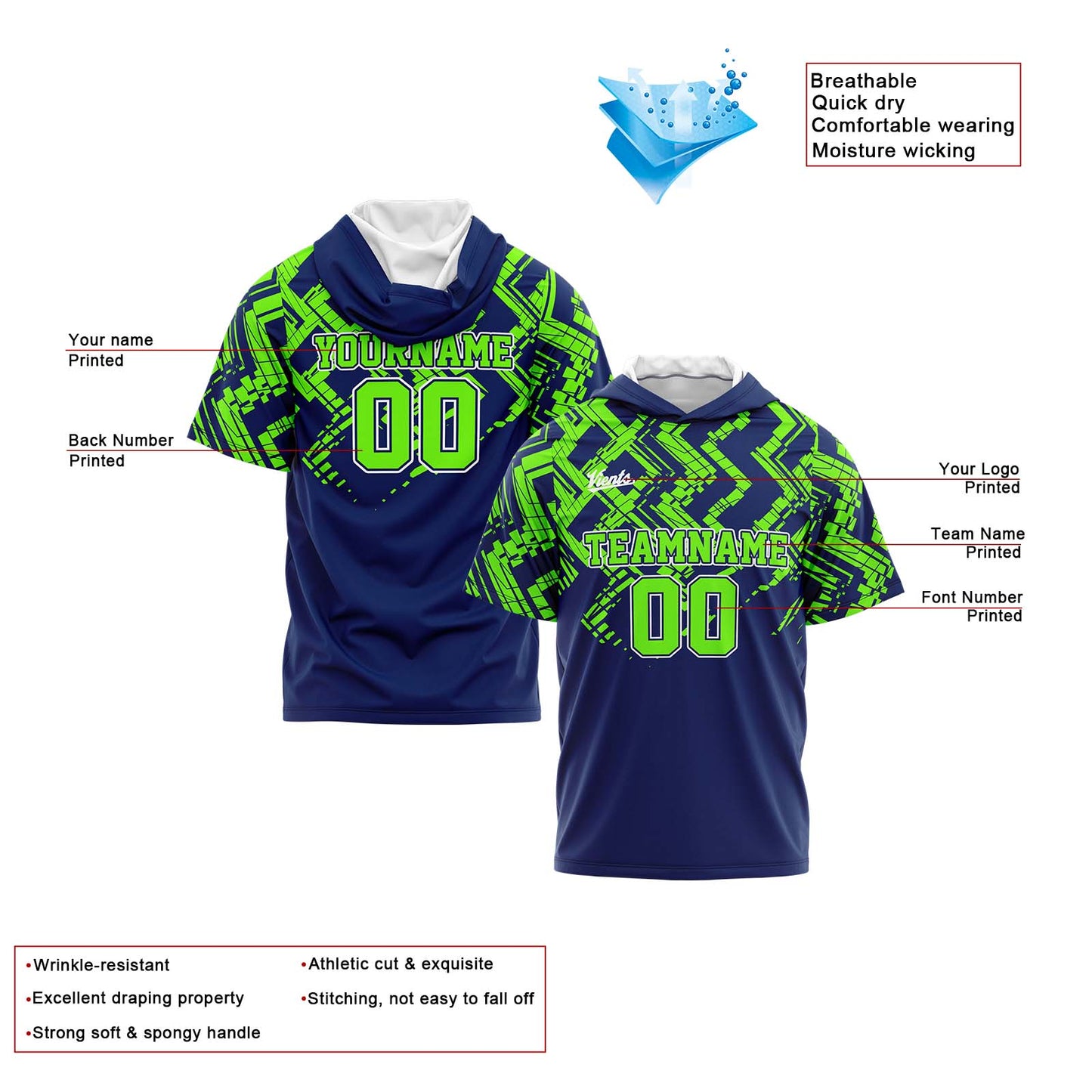 Benutzerdefinierte Marineblau Neongrün Kurzarm-Kapuzenpullover für Männer Frauen Hemden mit Kapuzen gedruckt Name Logo