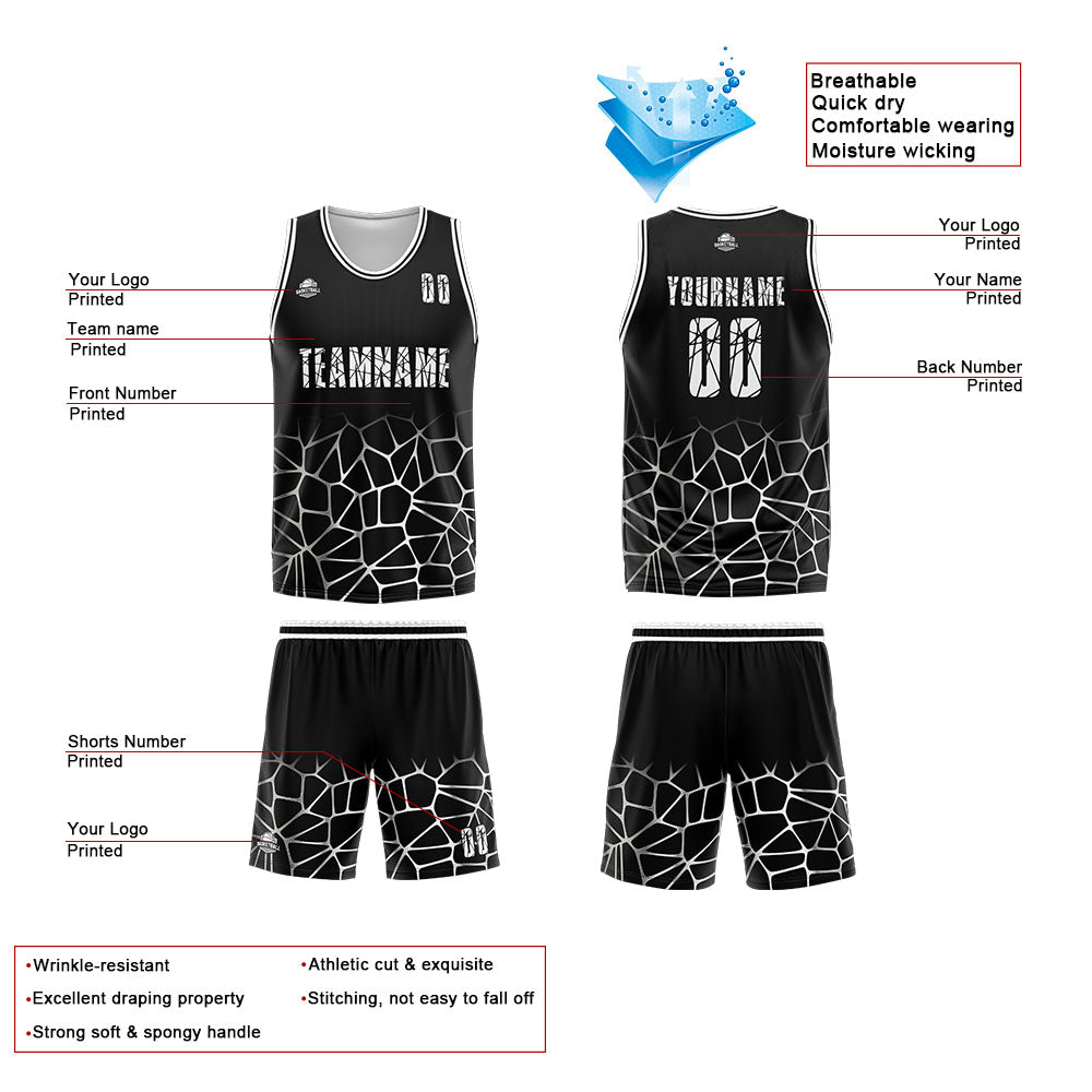 Benutzerdefinierter Basketball Jersey Uniform Anzug gedruckt Ihr Logo Name Nummer Schwarz&Weiß
