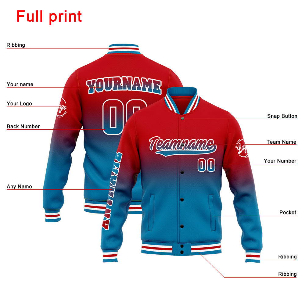Benutzerdefinierte Varsity-Jacke. Letterman-Jacke für Männer, Frauen und Jugendliche Blau Rot