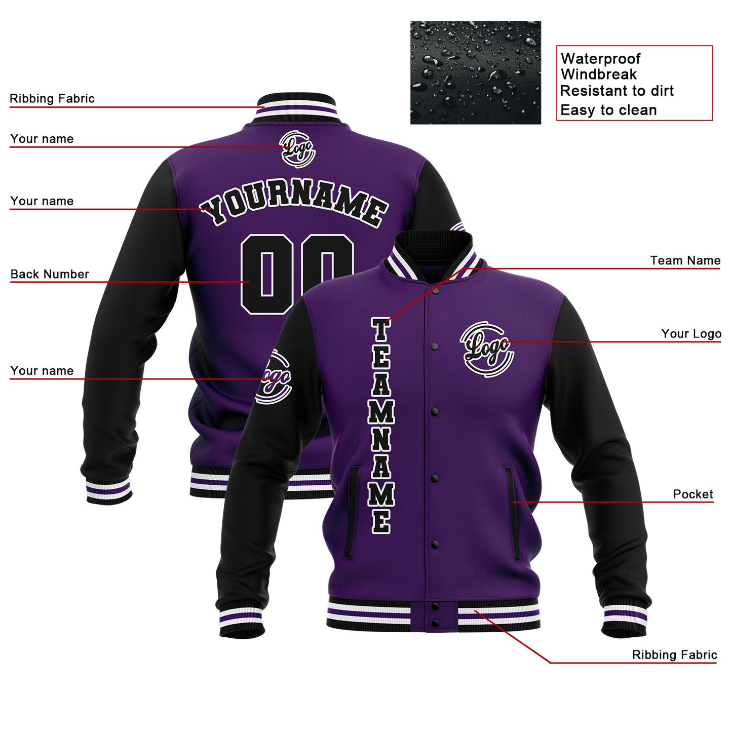 Benutzerdefiniert  Schwarz Lila Weiß Wasserdichte Varsity Jacken Personalisiert genäht Name Nummer Logo zu Letterman Jacken