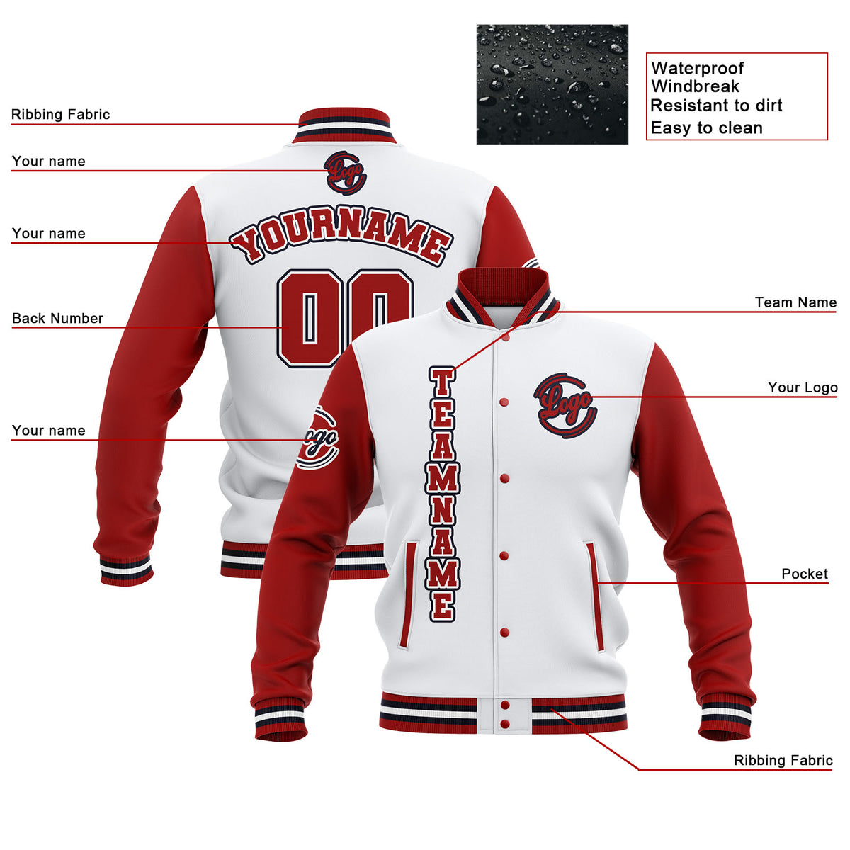 Benutzerdefiniert Weiß Rot Marine Wasserdichte Varsity Jacken Personalisiert genäht Name Nummer Logo zu Letterman Jacken