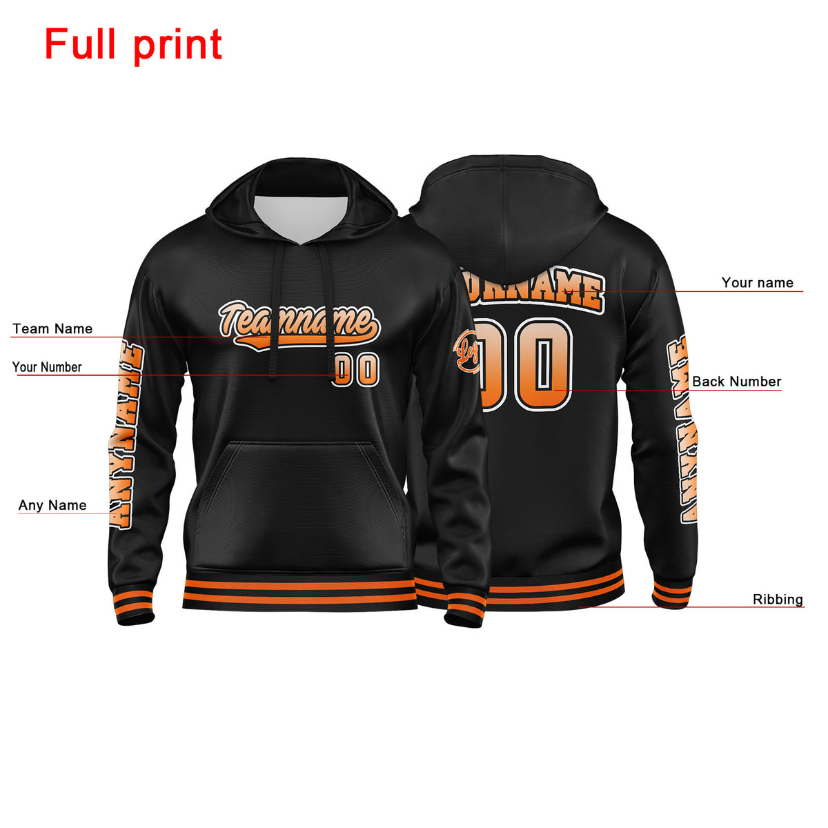 Benutzerdefinierter Orange Schwarz Hoodie für Mann, Frau, Mädchen, Junge. Drucken Sie Ihr Logo, Ihren Namen und Ihre Nummer