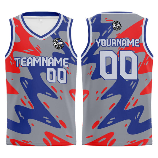 Benutzerdefinierter Grau Blau Rot Basketball Jersey Uniform Anzug gedruckt Ihr Logo Name Nummer