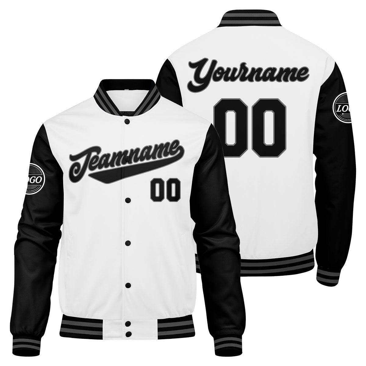 Benutzerdefinierte Verlauf Varsity-Jacke. Letterman-Jacke Schwarz Weiß