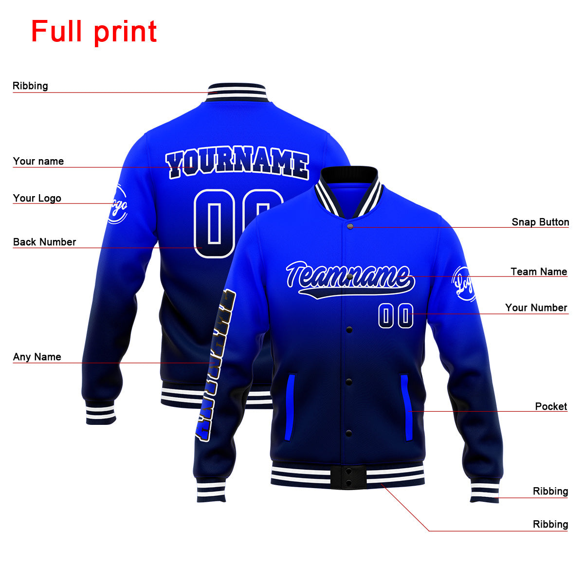 Benutzerdefinierte Verlauf Varsity-Jacke. Letterman-Jacke Royal Marine