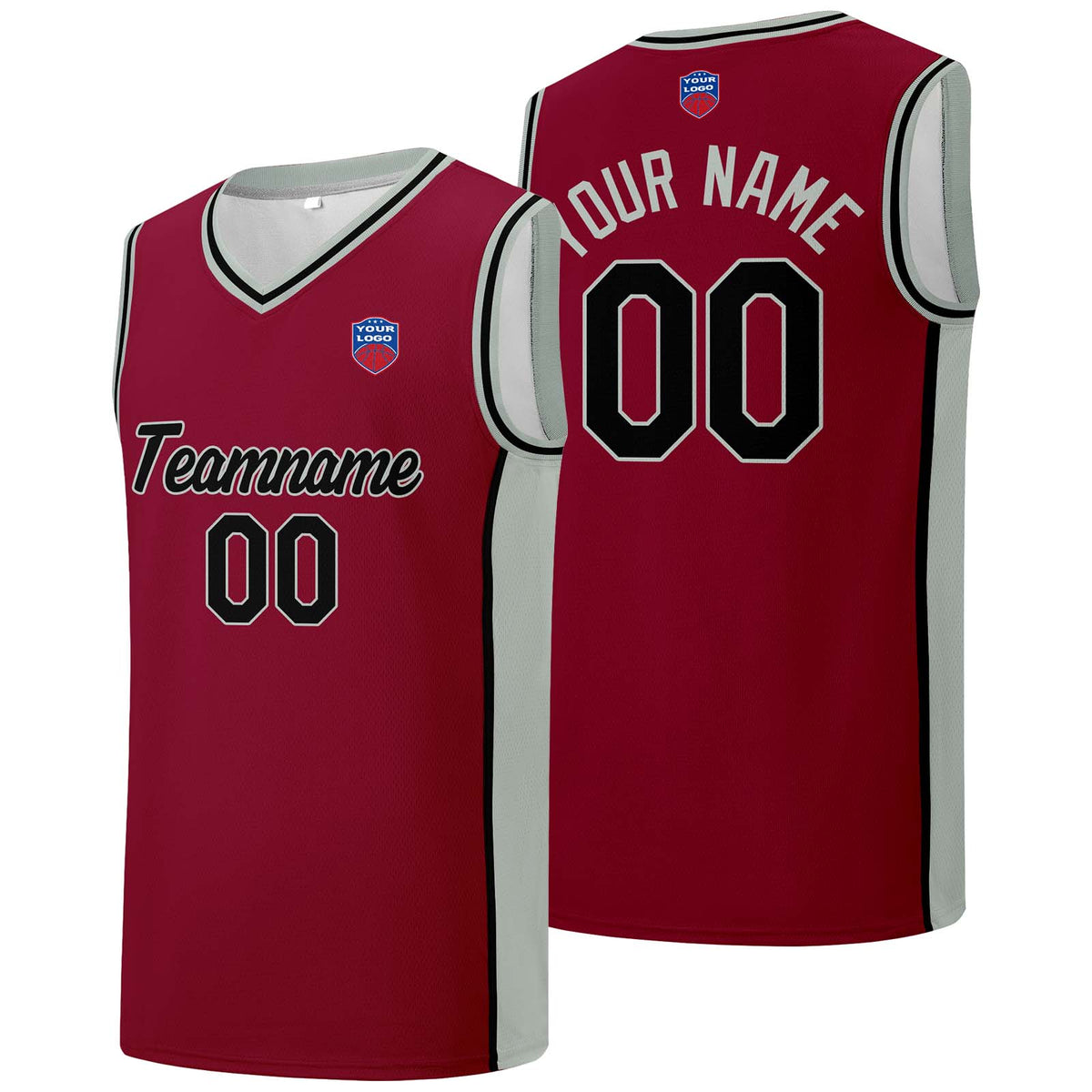 Individuelle Basketball-Jersey-Shorts für Männer und Frauen. Gestickter und gedruckter Name, Nummer und Logo Burgund&Grau