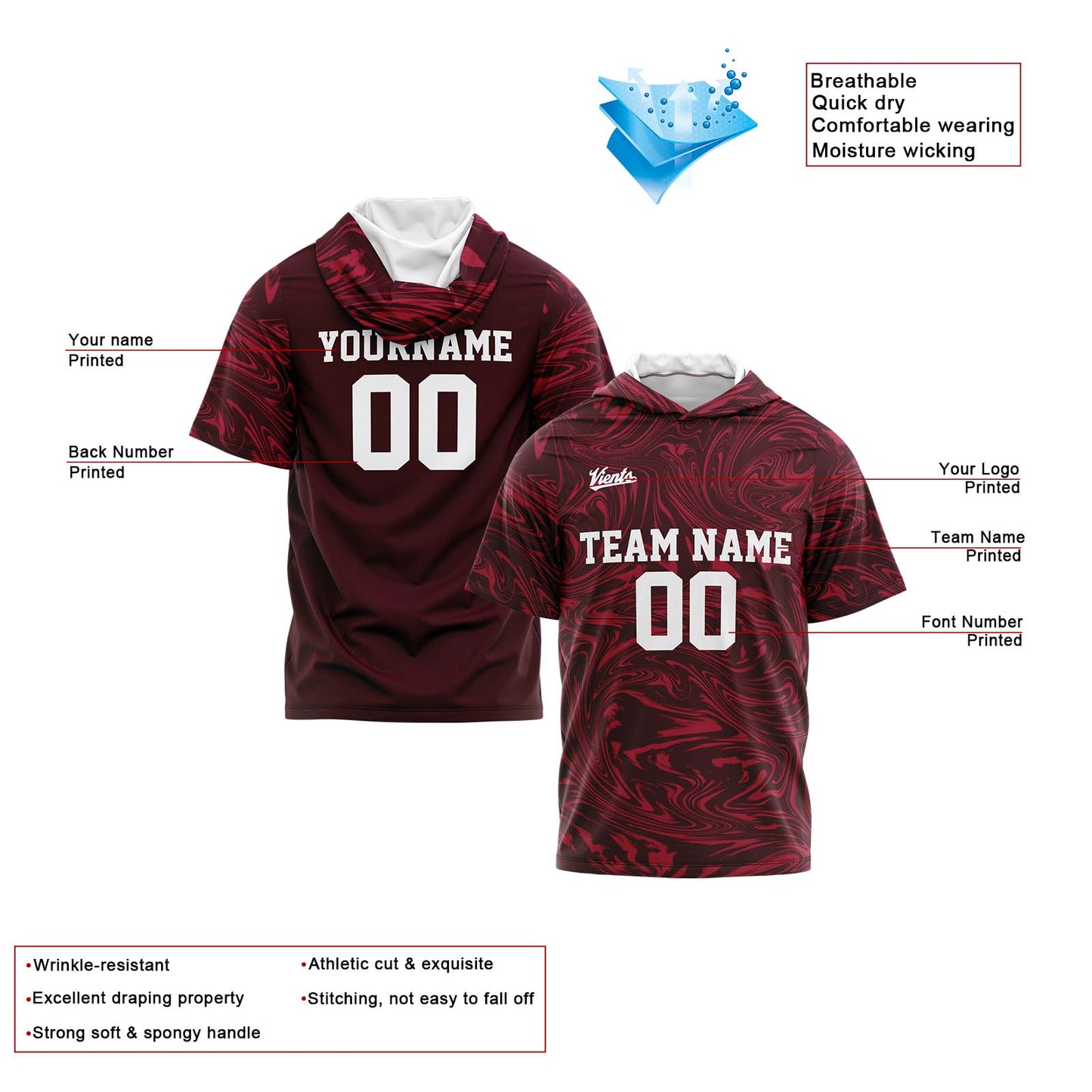 Benutzerdefinierte Burgundisch Kurzarm-Kapuzenpullover für Männer Frauen Hemden mit Kapuzen gedruckt Name Logo