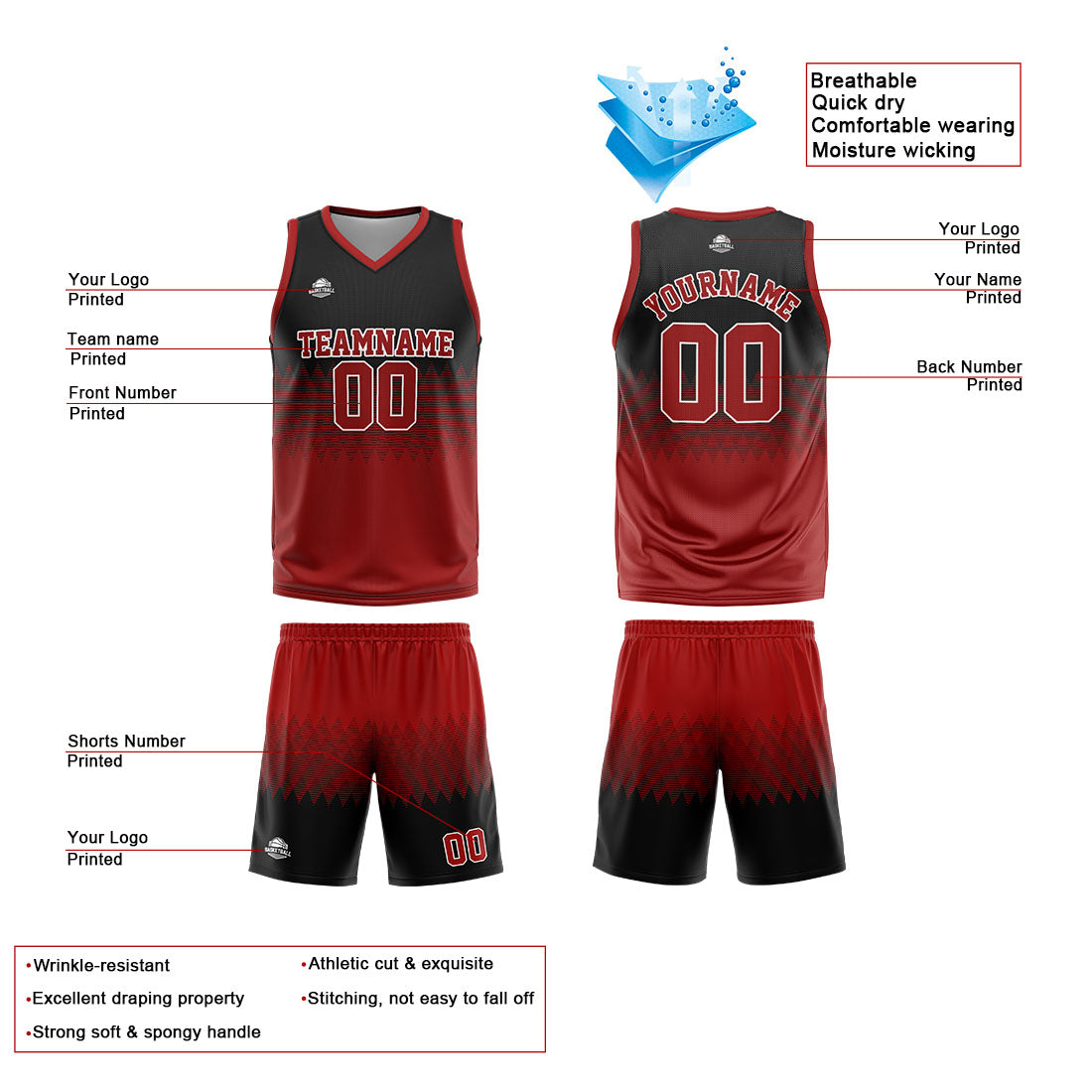 Benutzerdefinierte Reversible Basketball Jersey Personalisierte Print Name Nummer Logo Rot-Schwarz