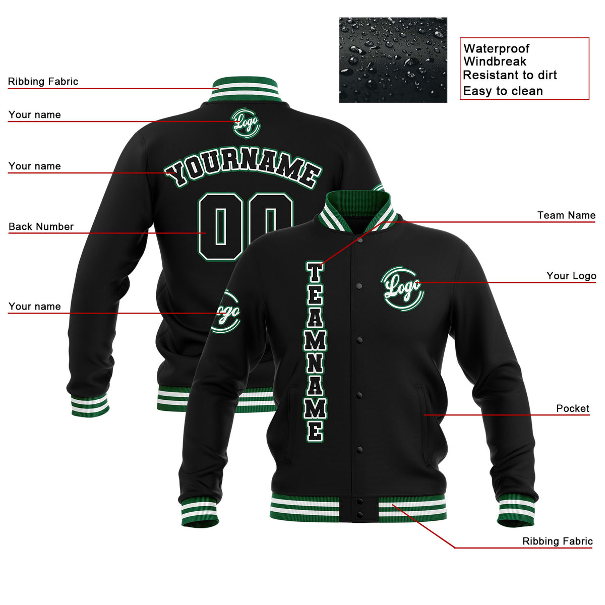 Benutzerdefiniert Schwarz Weiß Grün Wasserdichte Varsity Jacken Personalisiert genäht Name Nummer Logo zu Letterman Jacken