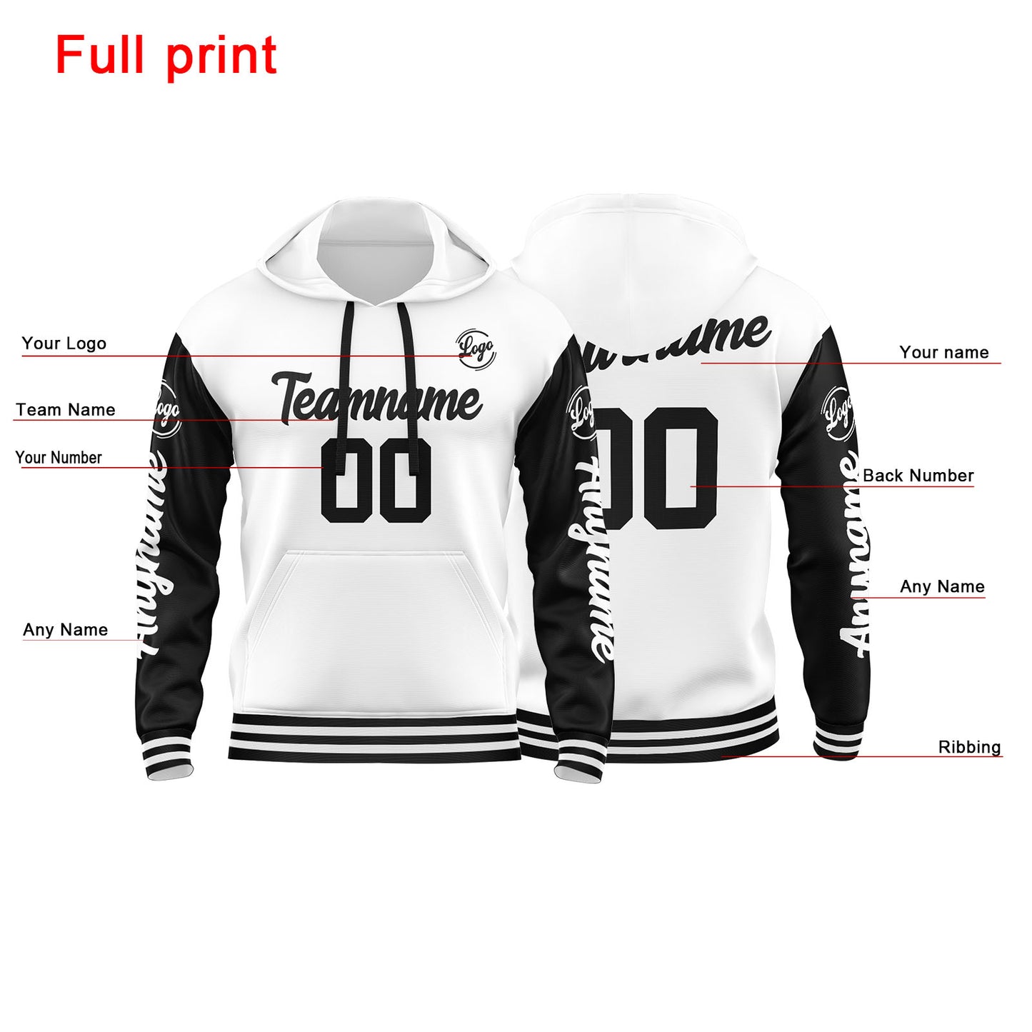Benutzerdefinierter Weiß Schwarz Hoodie für Mann, Frau, Mädchen, Junge. Drucken Sie Ihr Logo, Ihren Namen und Ihre Nummer