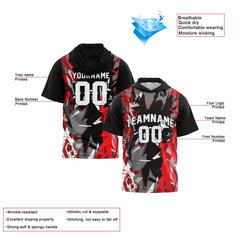 Benutzerdefinierte Schwarz Rot Kurzarm-Kapuzenpullover für Männer Frauen Hemden mit Kapuzen gedruckt Name Logo