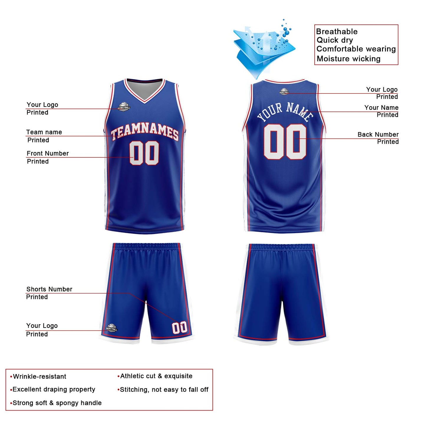 Benutzerdefinierte Royal Weiß Reversible Basketball Jersey Personalisierte Print Name Nummer Logo