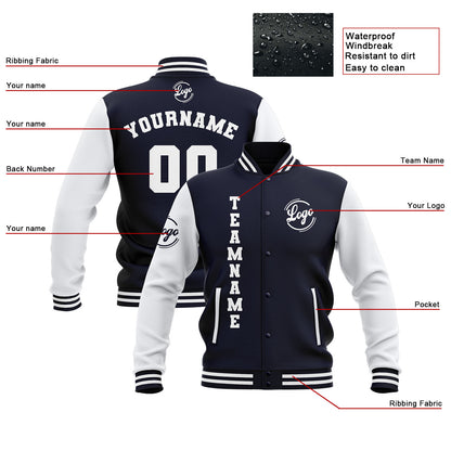Benutzerdefiniert Marine Weiß Wasserdichte Varsity Jacken Personalisiert genäht Name Nummer Logo zu Letterman Jacken