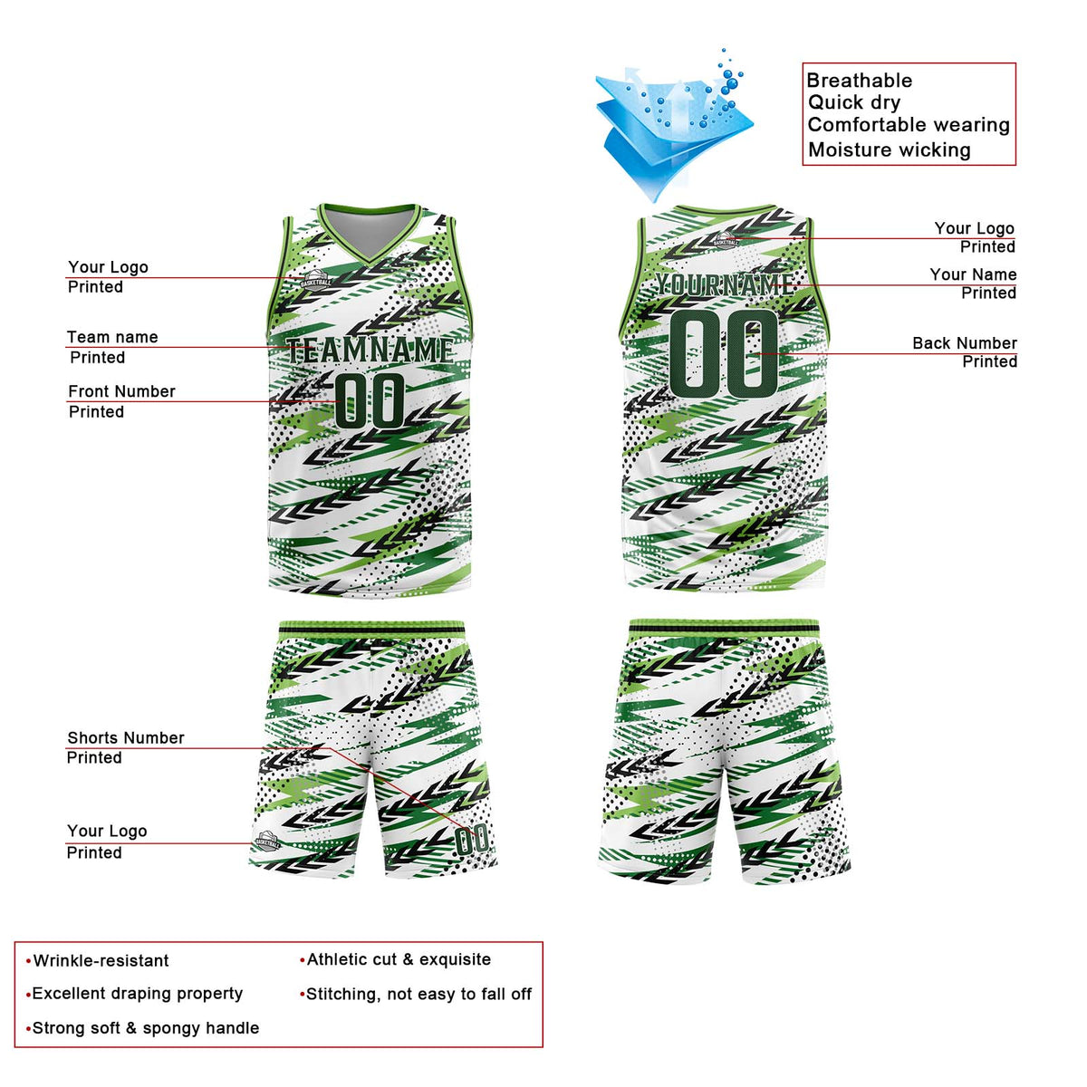 Benutzerdefinierter Weiß Grün Basketball Jersey Uniform Anzug gedruckt Ihr Logo Name Nummer