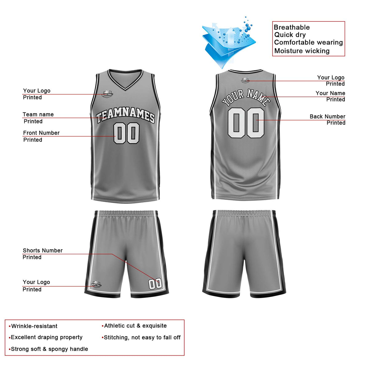 Benutzerdefinierte Grau Weiß Schwarz Reversible Basketball Jersey Personalisierte Print Name Nummer Logo