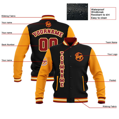Benutzerdefiniert Schwarz Gelb Rot Wasserdichte Varsity Jacken Personalisiert genäht Name Nummer Logo zu Letterman Jacken