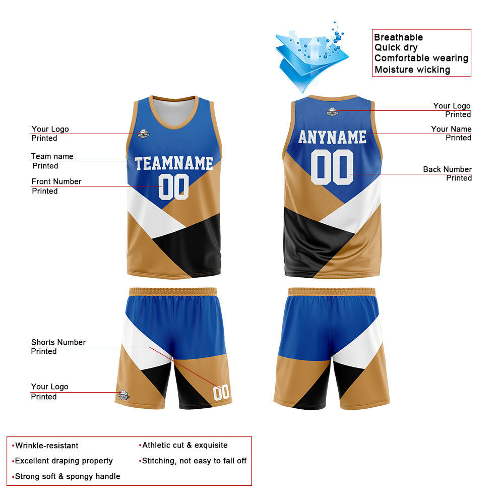 Benutzerdefinierte Reversible Basketball Jersey Personalisierte Print Name Nummer Logo Color Block-Royal&Gold