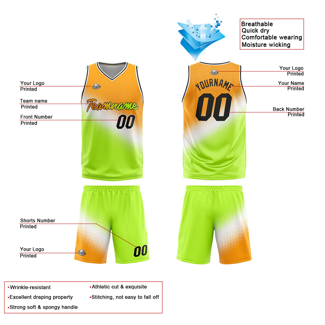Benutzerdefinierte Reversible Basketball Jersey Personalisierte Print Name Nummer Logo Weiß-Grün-Gelb