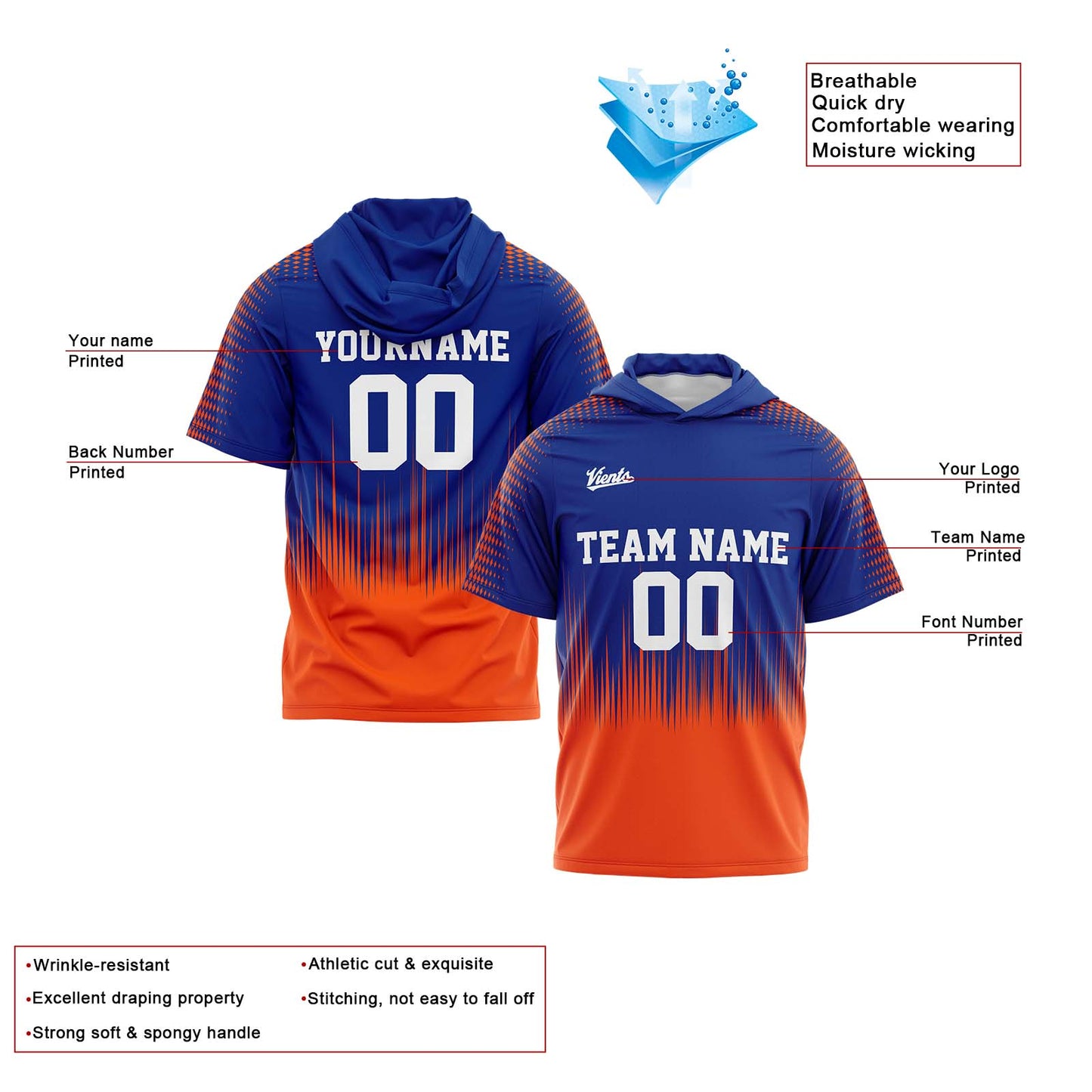 Benutzerdefinierte Königlich Orange Kurzarm-Kapuzenpullover für Männer Frauen Hemden mit Kapuzen gedruckt Name Logo